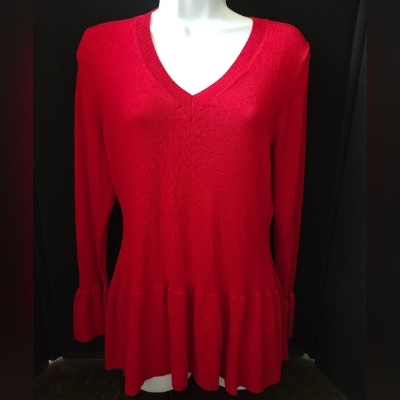 Fever Womens Red Sweater Medium  V-Neck Peplum Bold Red - Picture 4 of 10
